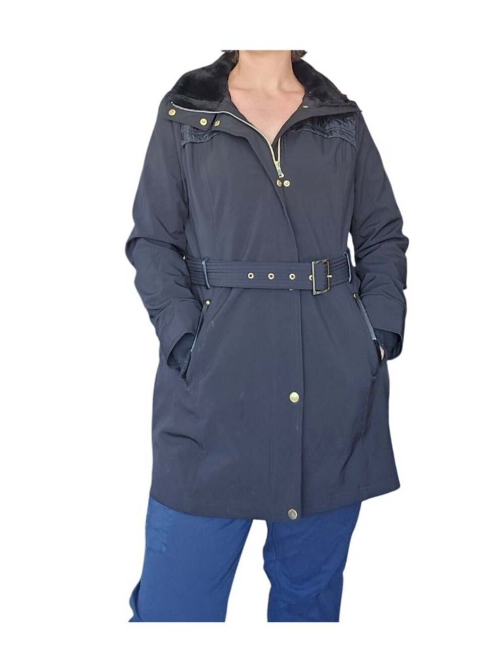 Dress Barn Black Fux Fur Belted Hooded Coat Jacket Gold Hardware Women's Size XL